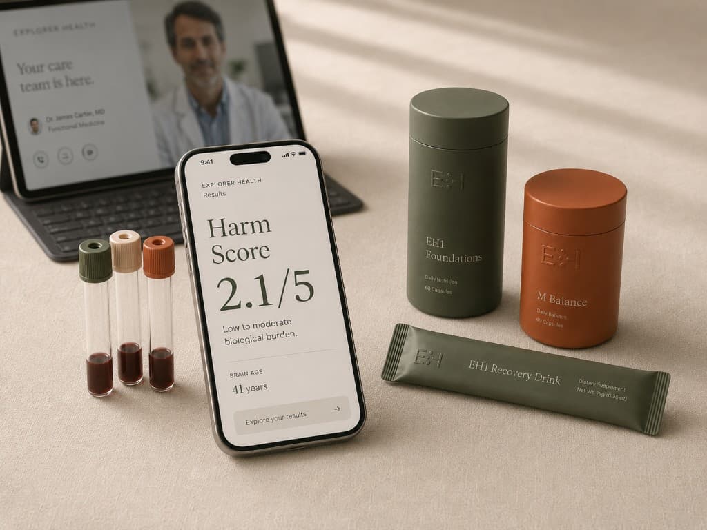Explorer Health assessment on phone alongside protocol products and biomarker test tubes