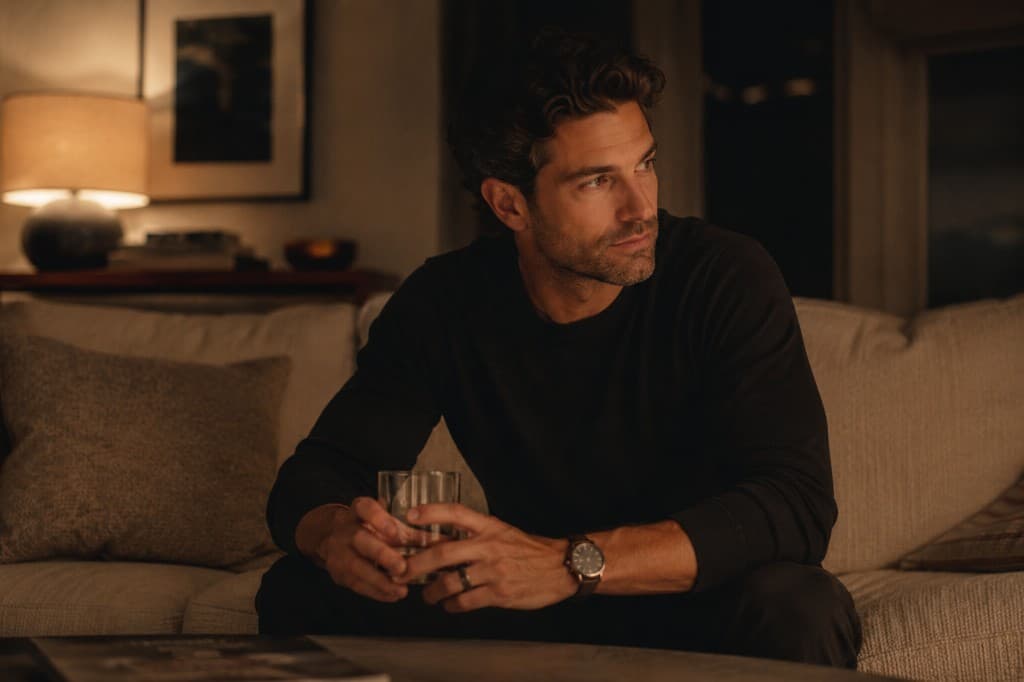 A man on a sofa at night, holding a glass, deep in thought