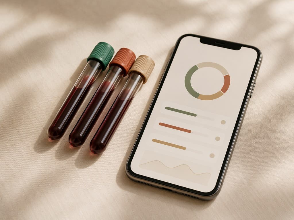 Blood sample tubes beside a phone showing recovery-related biomarker results