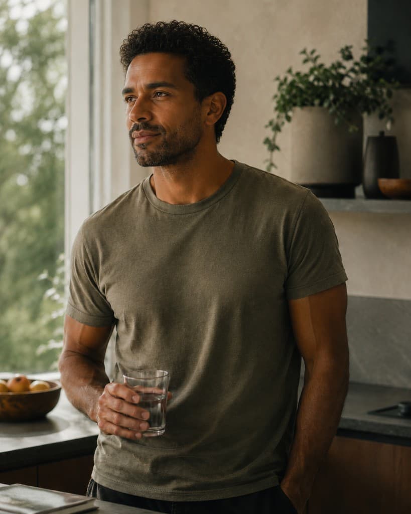 A calm man holding a glass of water in a sunlit kitchen.