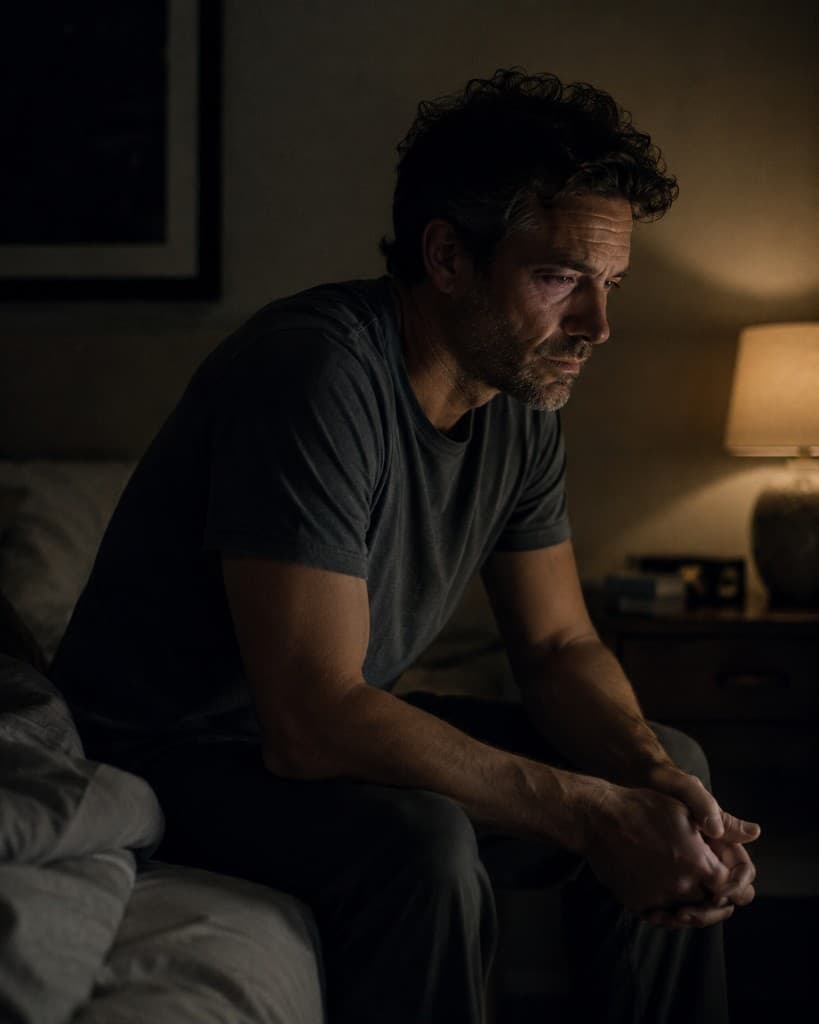 A man sitting on the edge of a bed at night, deep in thought.